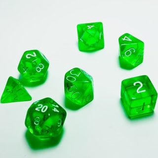 A set of green dice for dungeons and dragons.