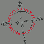 A circle is overlapped by crossed lines. Inside the circle and at the ends of the lines are a variety of symbols.