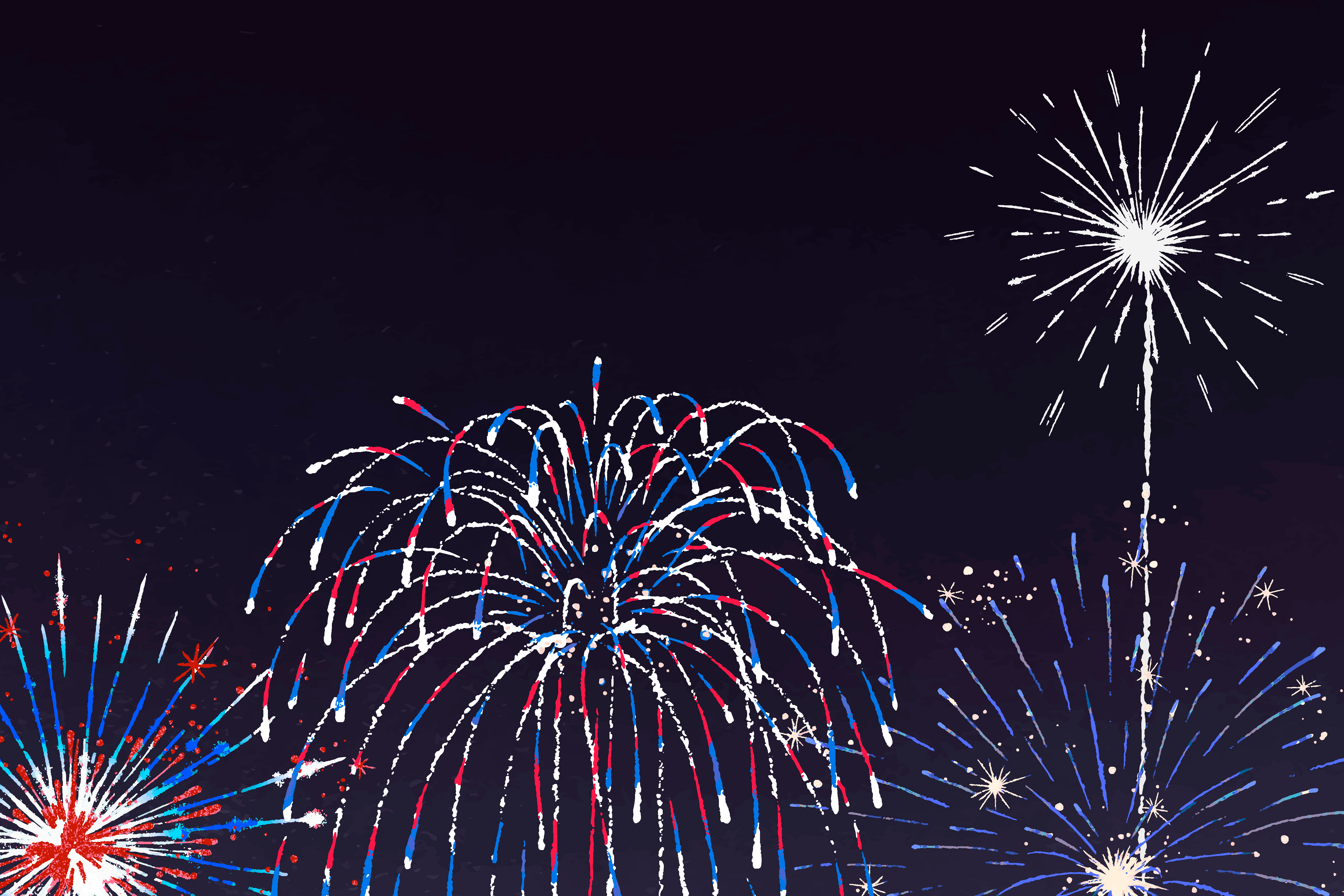 several different styles of fireworks bursting with a red, white, and blue theme
