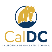 A logo with a grizzly bear standing over CalDC California Democratic Council
