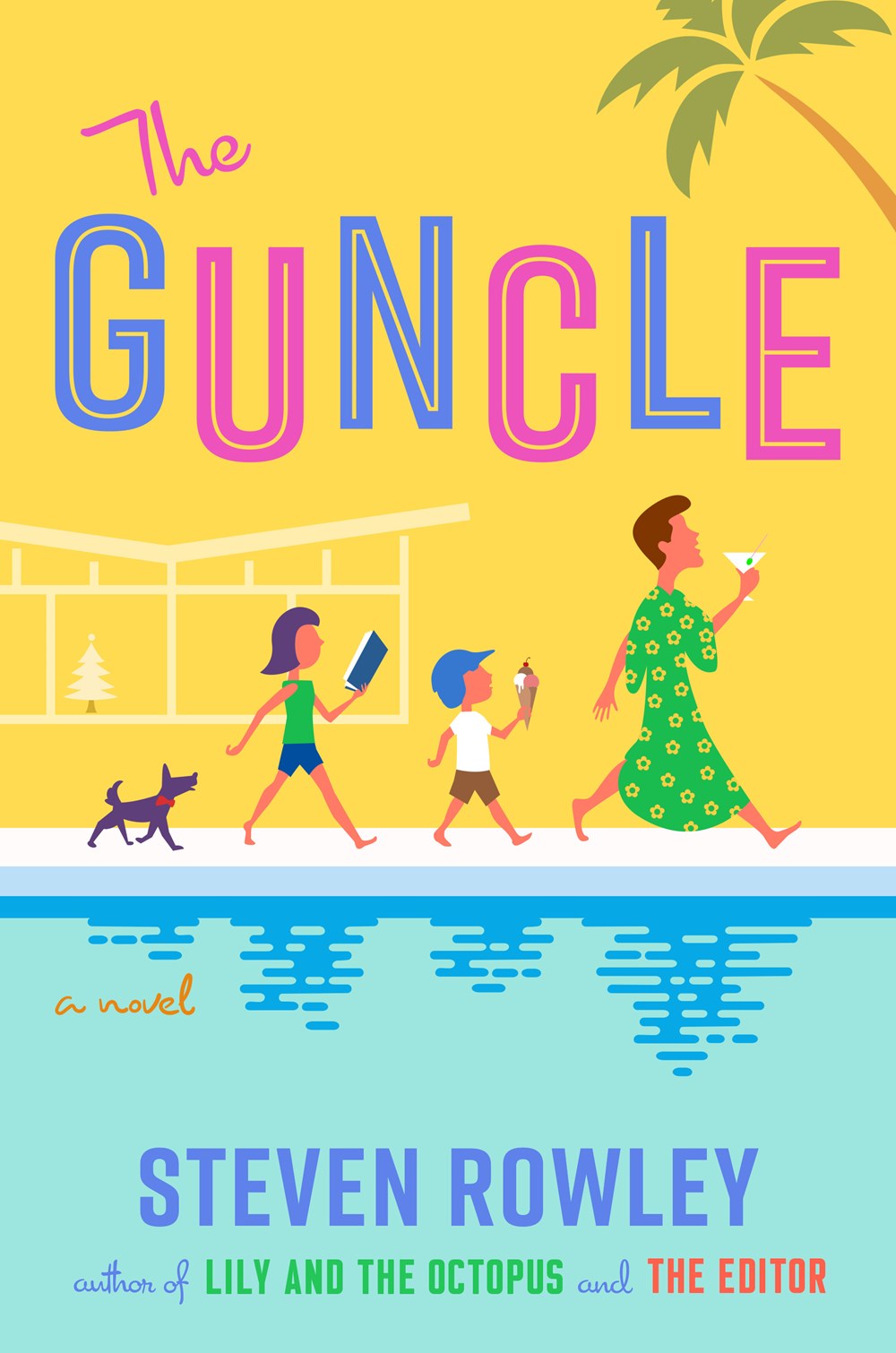 The Guncle book cover illustrating three characters and a dog walking by a pool